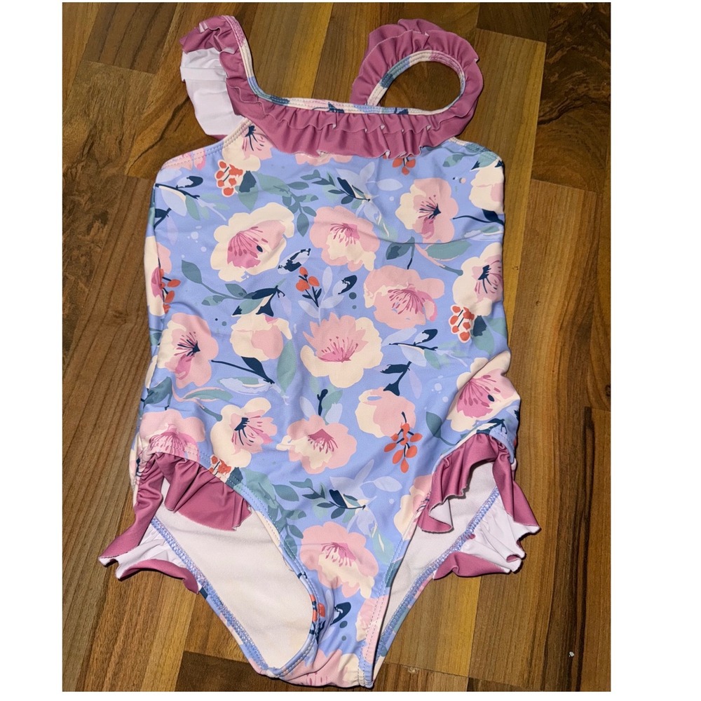 Floral Ruffle Swimsuit Girls One Piece Bathing Suit Cute Kids Size 8-9